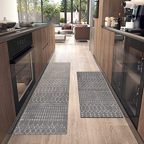 Boho Kitchen Mat Set of 2 Non Skid Washable Dark Grey 17"x47"+17"x30" I895