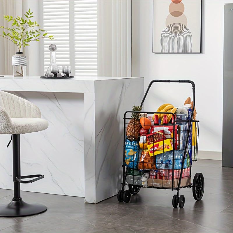 Silver Jumbo Folding Shopping Cart with Double Basket and 360-Degree Wheels X199