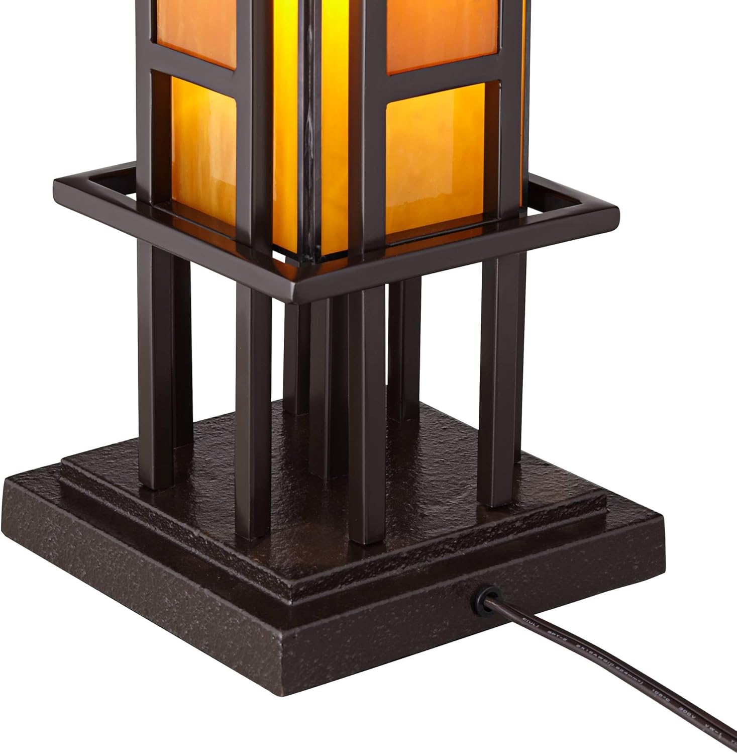 Bronze Iron Column Accent Table Lamp with Amber Stained Art Glass L596