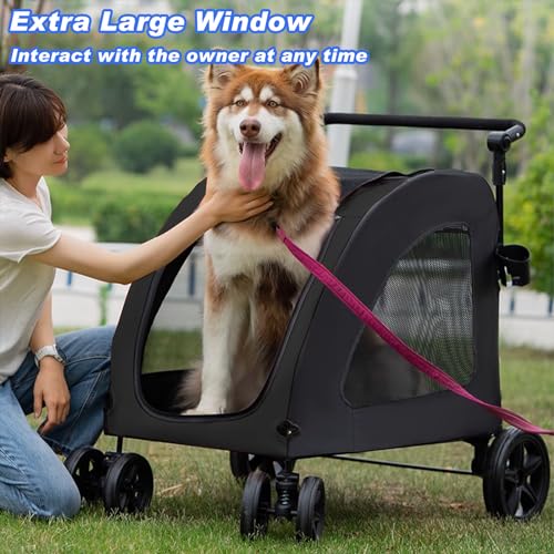 Large Dog Stroller, Removable Cushion Adjustable Handle Foldable 4 Wheel Pet Stroller (Black) S733017