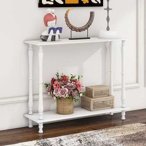 White Narrow Console Table with Shelf Wood C4794