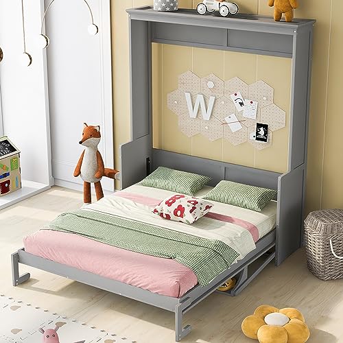 Grey Queen Murphy Bed with Shelf Y747