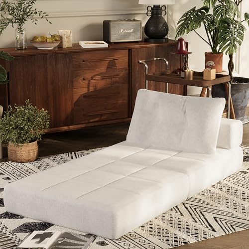 White Chenille Folding Sofa Bed with Headrest & Lumbar Pillow F278