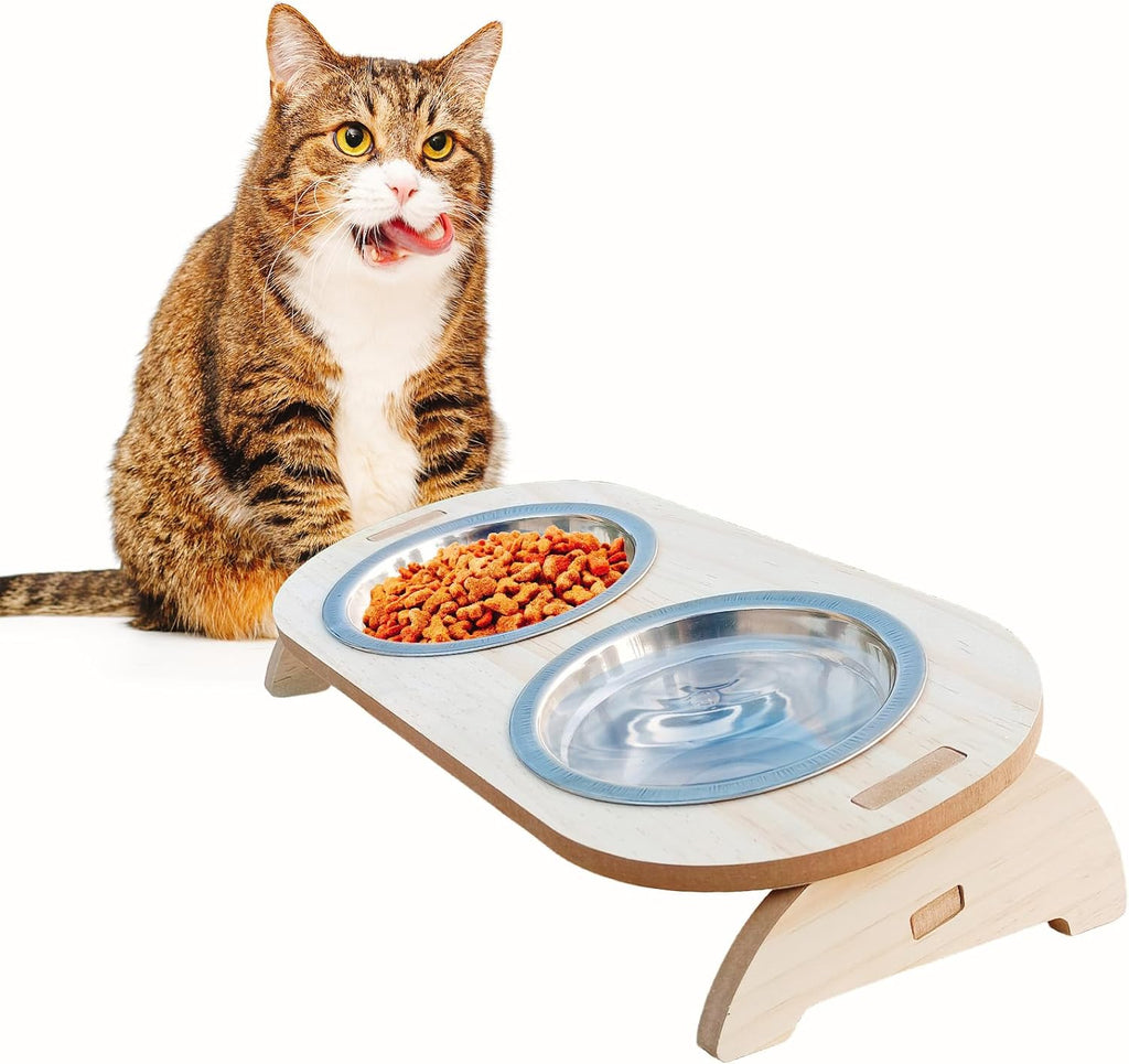 15° Tilted Raised Stainless Steel Cat Bowls with Wood Stand G593