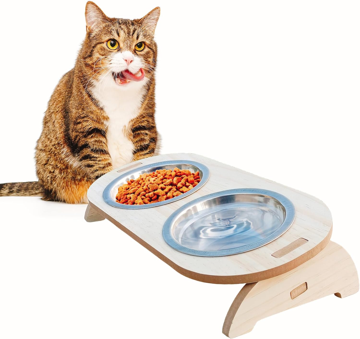 15° Tilted Raised Stainless Steel Cat Bowls with Wood Stand G593