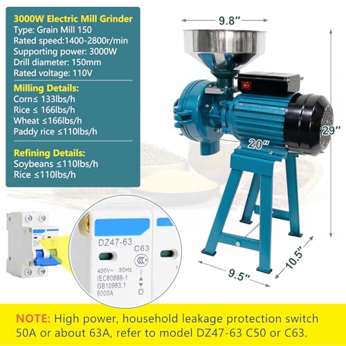 Electric Grain Mill Grinder, 3000W 110V Commercial Grain Grinder Machine with Funnel J9546