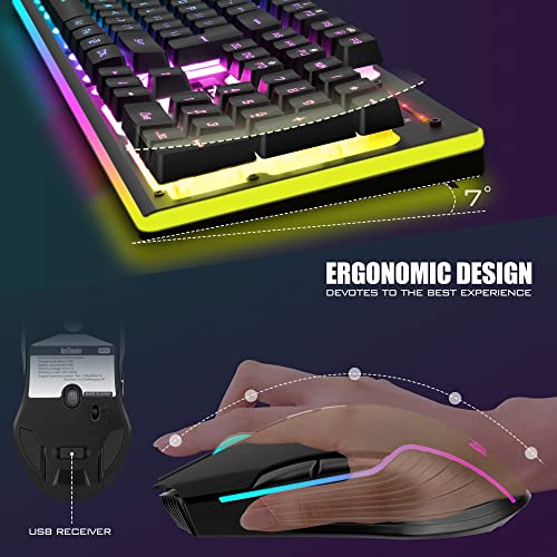 Wireless Gaming Keyboard and Mouse Combo with LED Backlit Rechargeable 3800mAh Battery, Mechanical Feel Anti-ghosting Keyboard and 7D 3200DPI Mice (Black) V3955