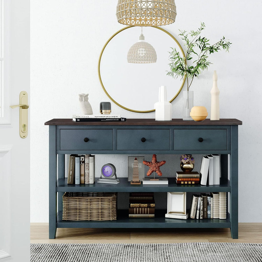 Navy Console Table with 2 Open Shelves and 3 Storage Drawers, Pine Solid Wood Frame M276109