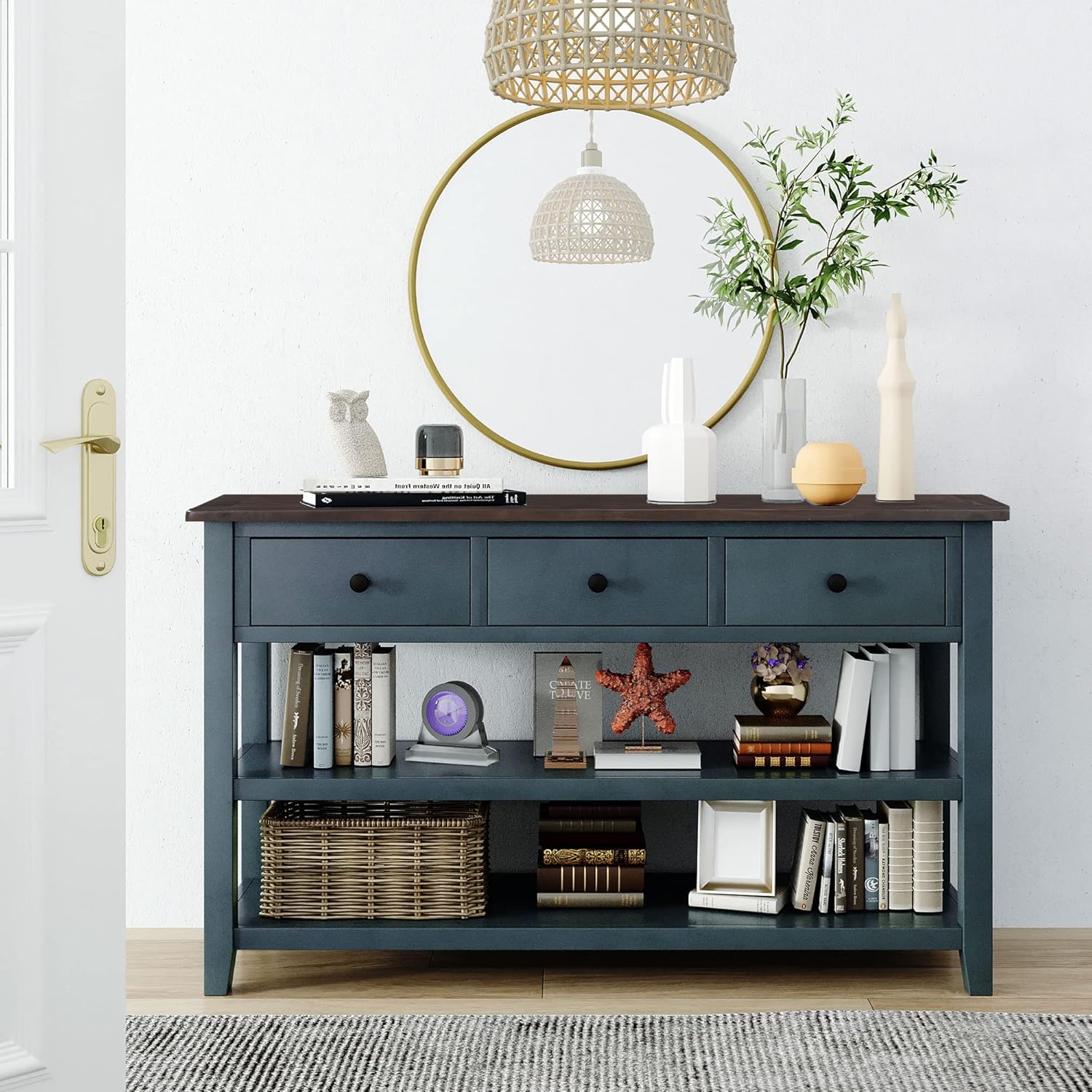 Navy Console Table with 2 Open Shelves and 3 Storage Drawers, Pine Solid Wood Frame M276109