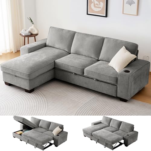 99" Convertible Sleeper Sofa Bed L Shaped with Storage Chaise Pull Out Couch Chenille Covers (Gray) N267449