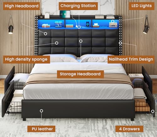 Queen Bed Frame with Storage Headboard and 4 Drawers, Gray D66238
