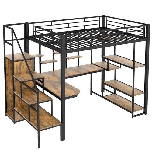 Black Metal Loft Bed with Desk and Stairs X603
