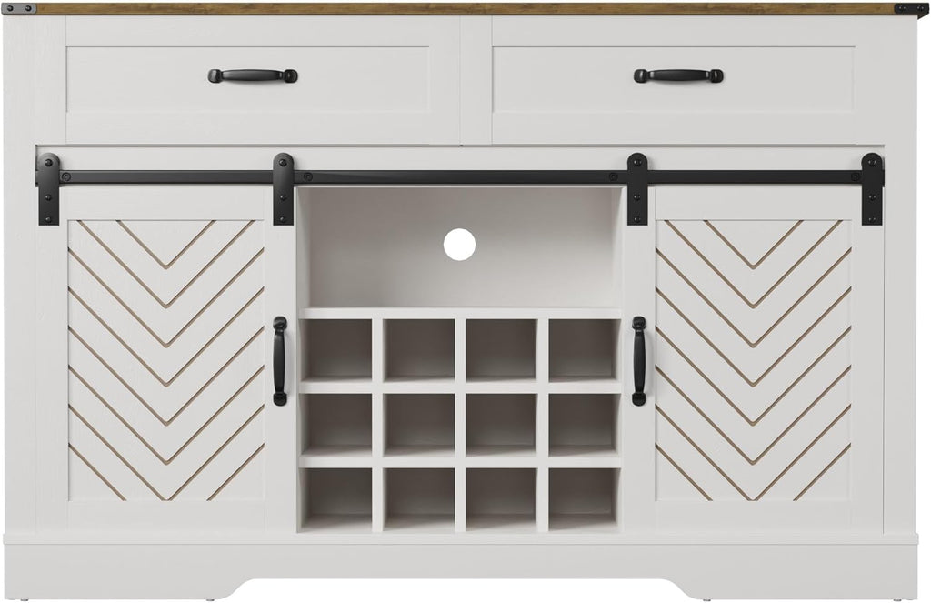 White & Oak Sideboard Cabinet with Sliding Barn Door, 3 Drawers L380