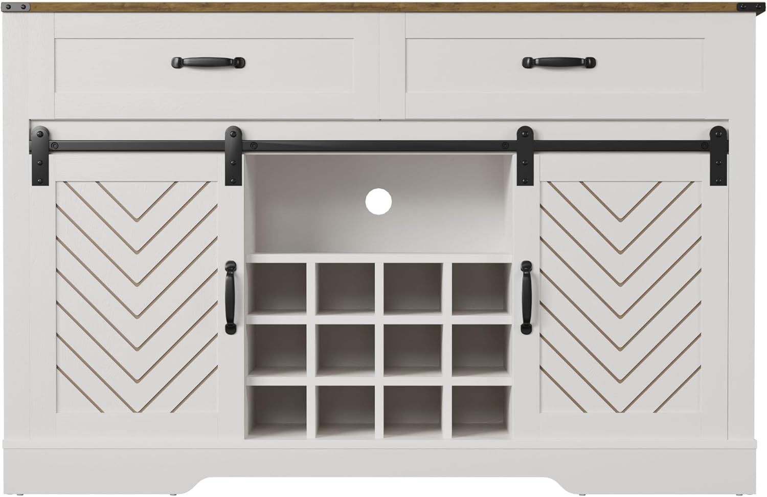 White & Oak Sideboard Cabinet with Sliding Barn Door, 3 Drawers L380