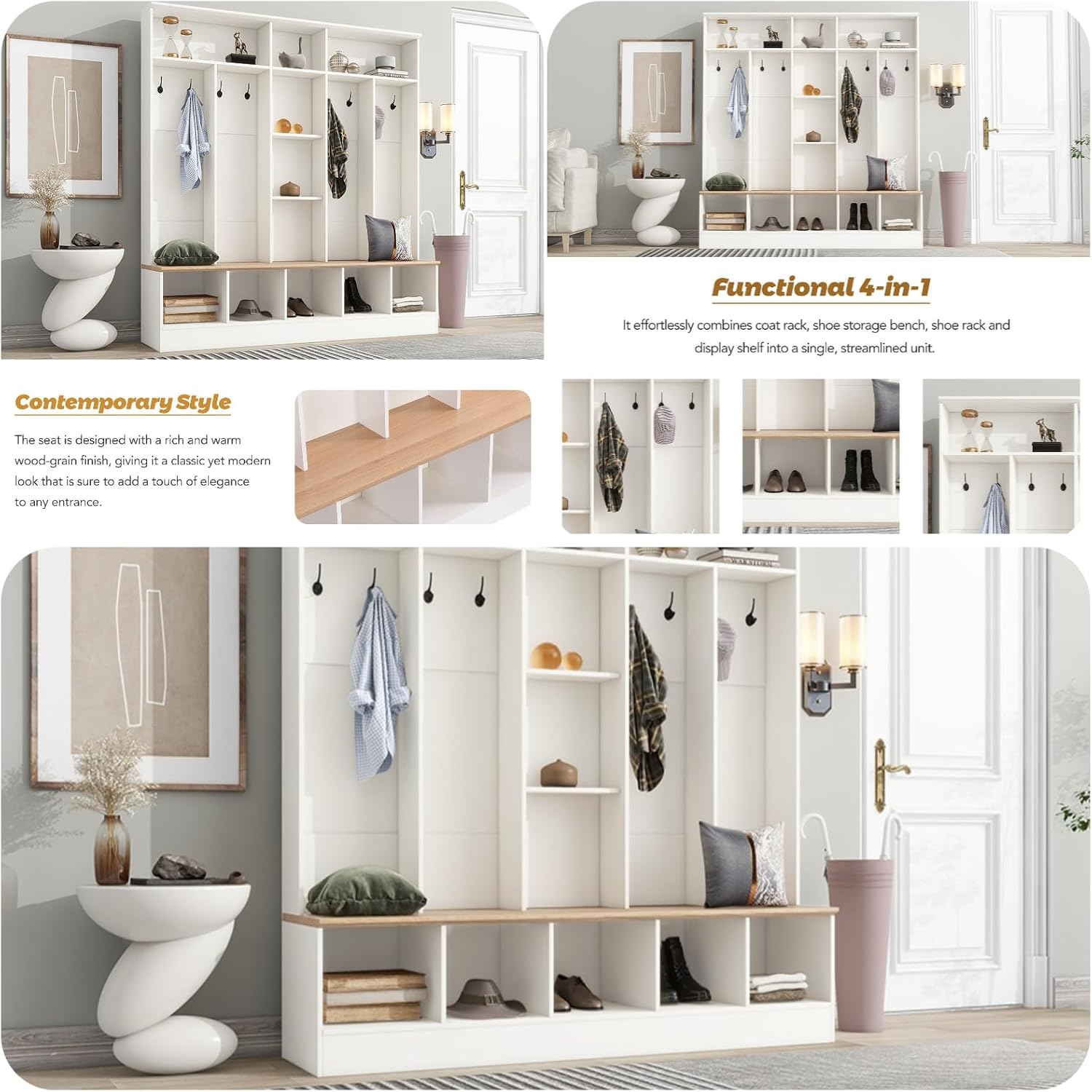 White Coat Rack with 8 Hooks and Storage Bench W4924
