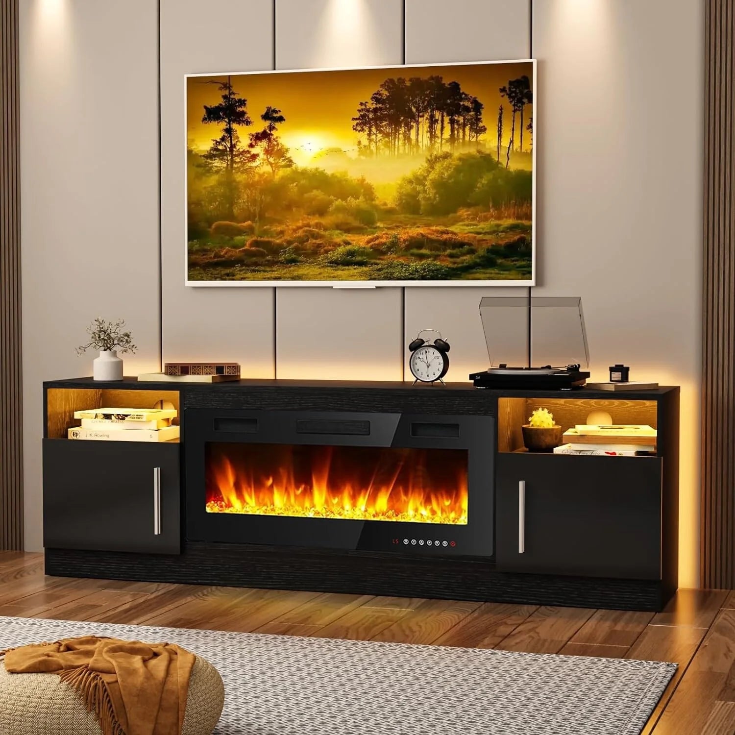 Black 70" Fireplace TV Stand with 36" Electric Fireplace T7453