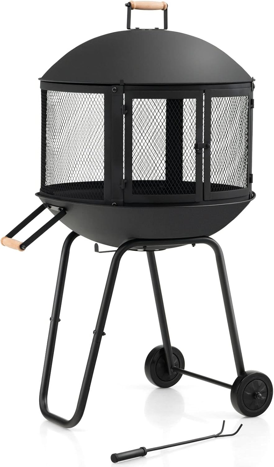 28 Inch Wood Burning Portable Fire Pit with Wheels Black X6489