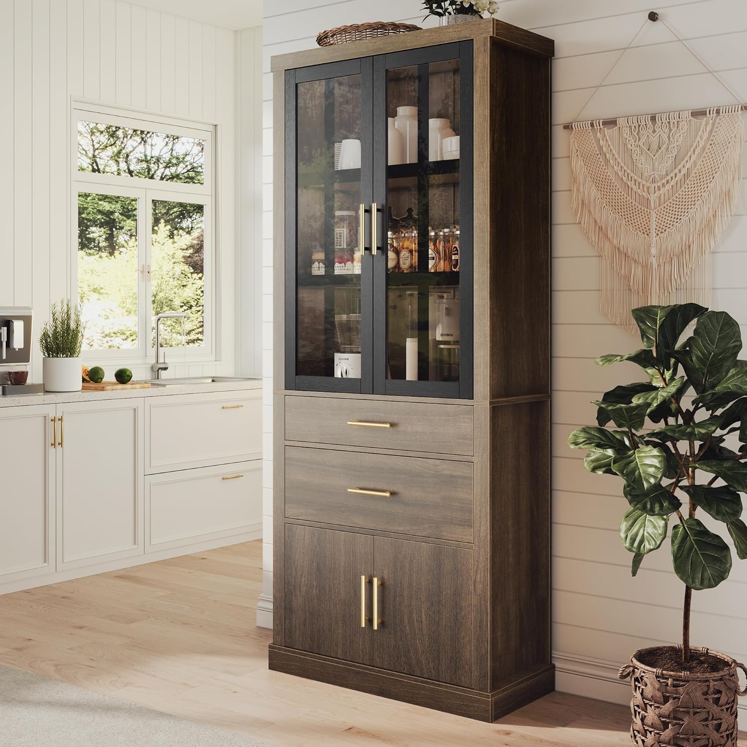 75.6" Tall 4 Door Adjustable Shelves Kitchen Pantry Cabinet Walnut A569