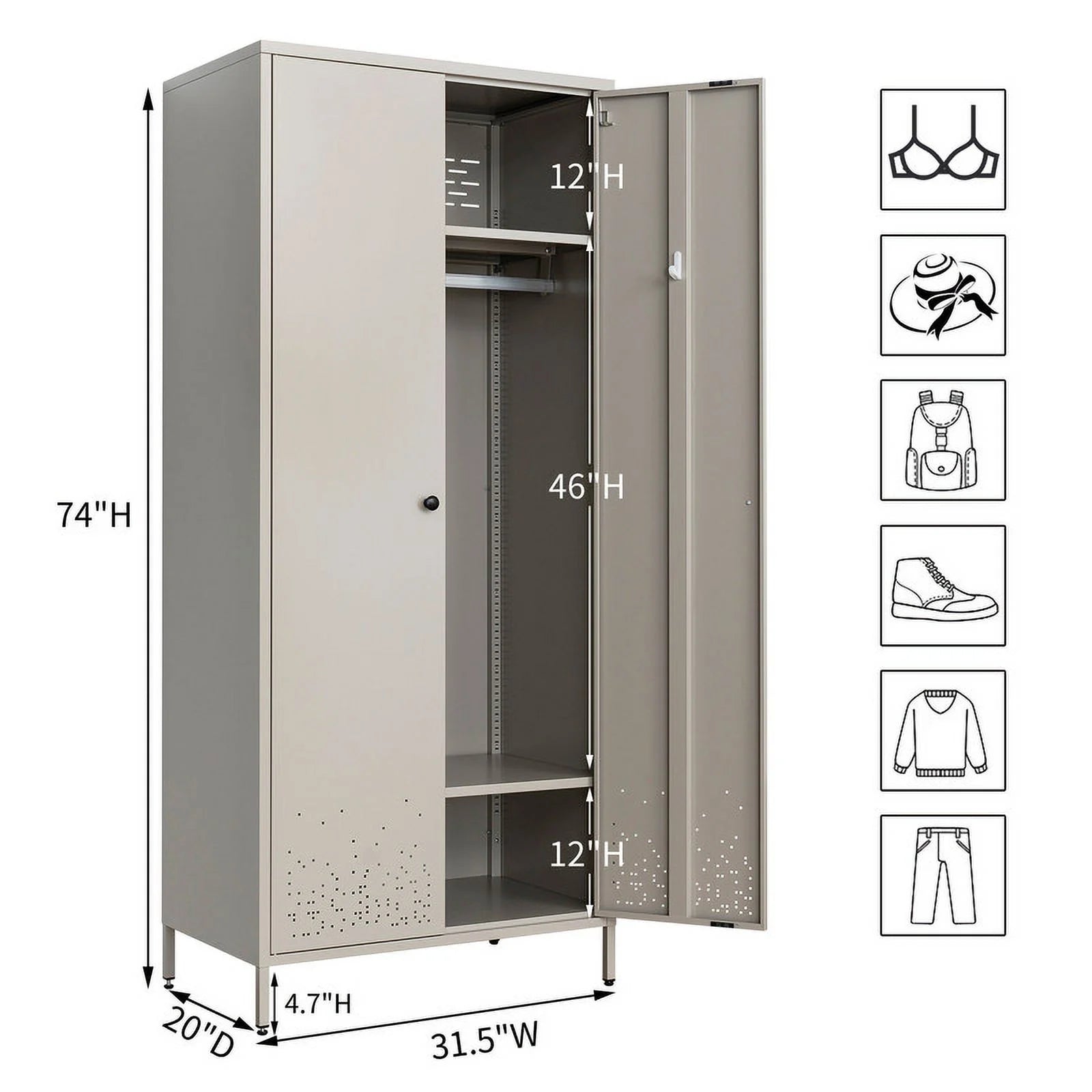 Gray Metal Storage Wardrobe Cabinet with Adjustable Hanging Rod M496