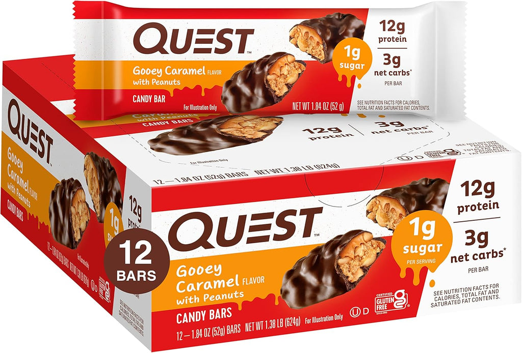 Candy Bars Gooey Caramel with Peanuts (12 Bars) and Protein Chips Variety Pack, 1.1 Ounce (Pack of 12) W5760