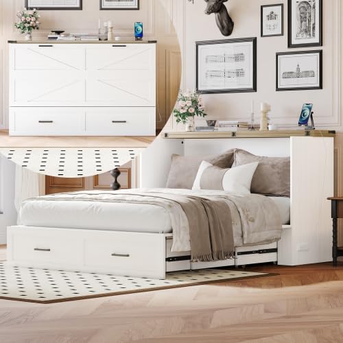 White Queen Size Murphy Bed with Storage Drawer T599603