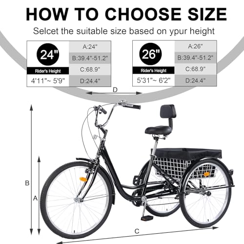 24/26-Inch 3 Wheel Cruiser Bike with Large Basket & Adjustable Seat C2317