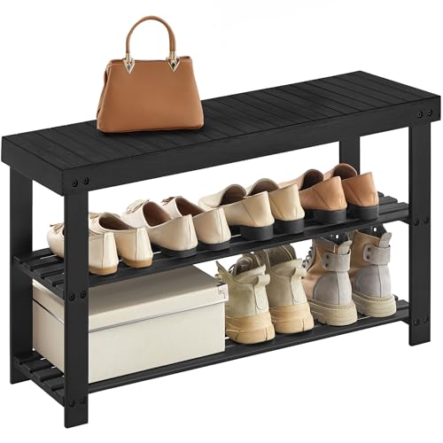 3-Tier Bamboo Shoe Storage Bench, Ink Black Q948387