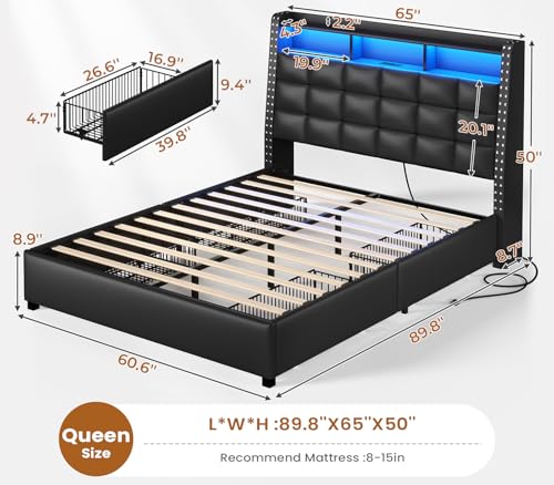 Queen Bed Frame with Storage Headboard and 4 Drawers, Gray D66238