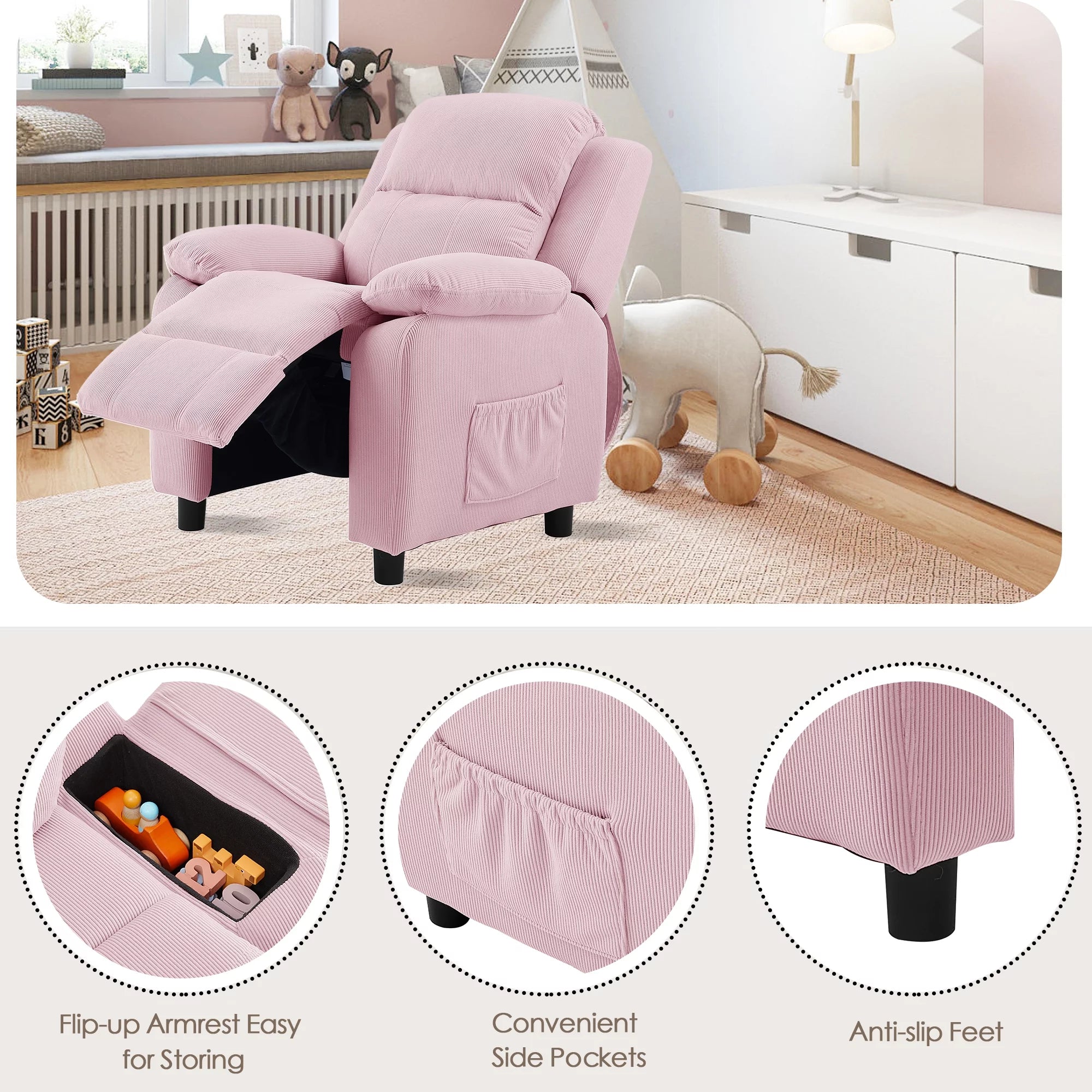 Pink Adjustable Kids Recliner Chair with Footrest G73904