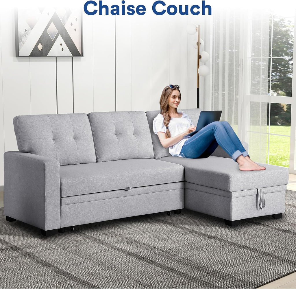 Light Gray L Shaped Couch with Pull Out Bed and Storage Sectional Sleeper Sofa Z5907