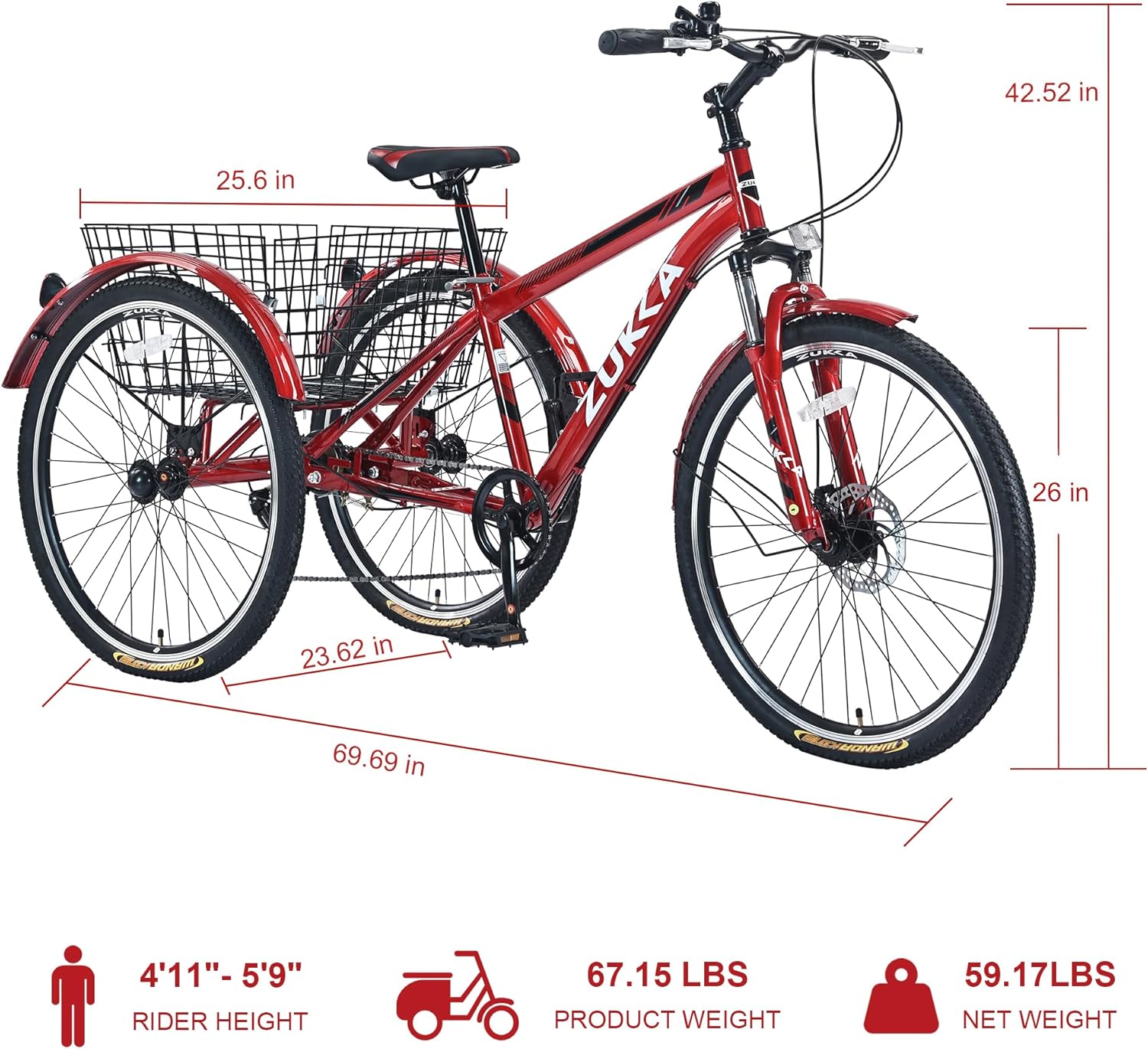 7-Speed 26-Inch 3 Wheels Adult Tricycle with Rear Basket O524230