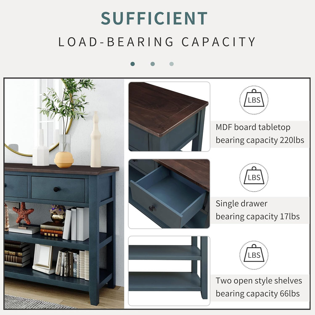 Navy Console Table with 2 Open Shelves and 3 Storage Drawers, Pine Solid Wood Frame M276109