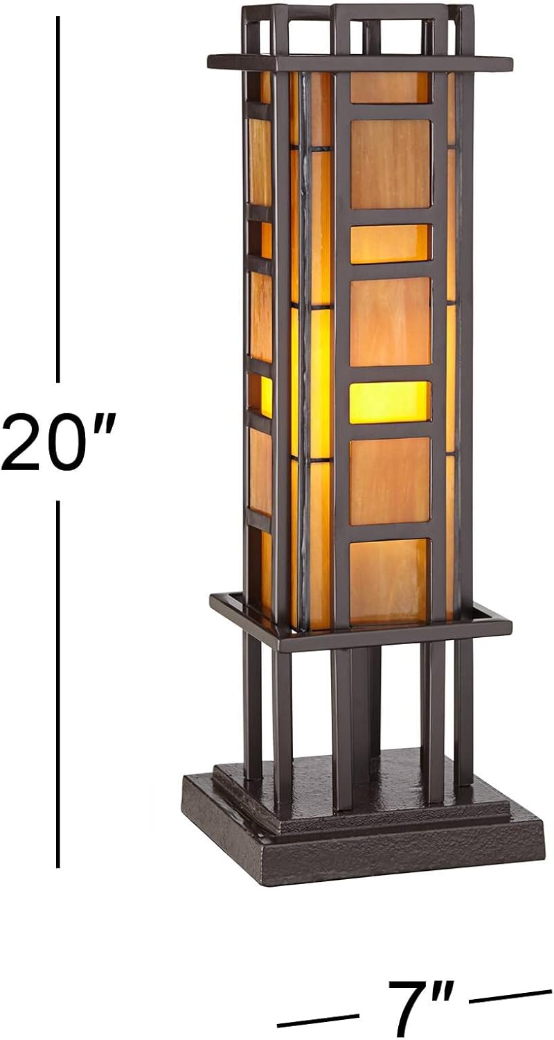 Bronze Iron Column Accent Table Lamp with Amber Stained Art Glass L596