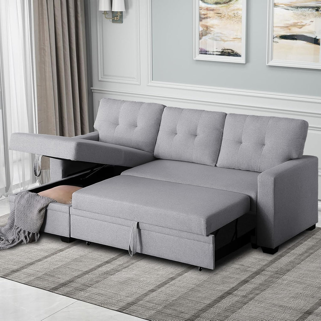 Light Gray L Shaped Couch with Pull Out Bed and Storage Sectional Sleeper Sofa Z5907