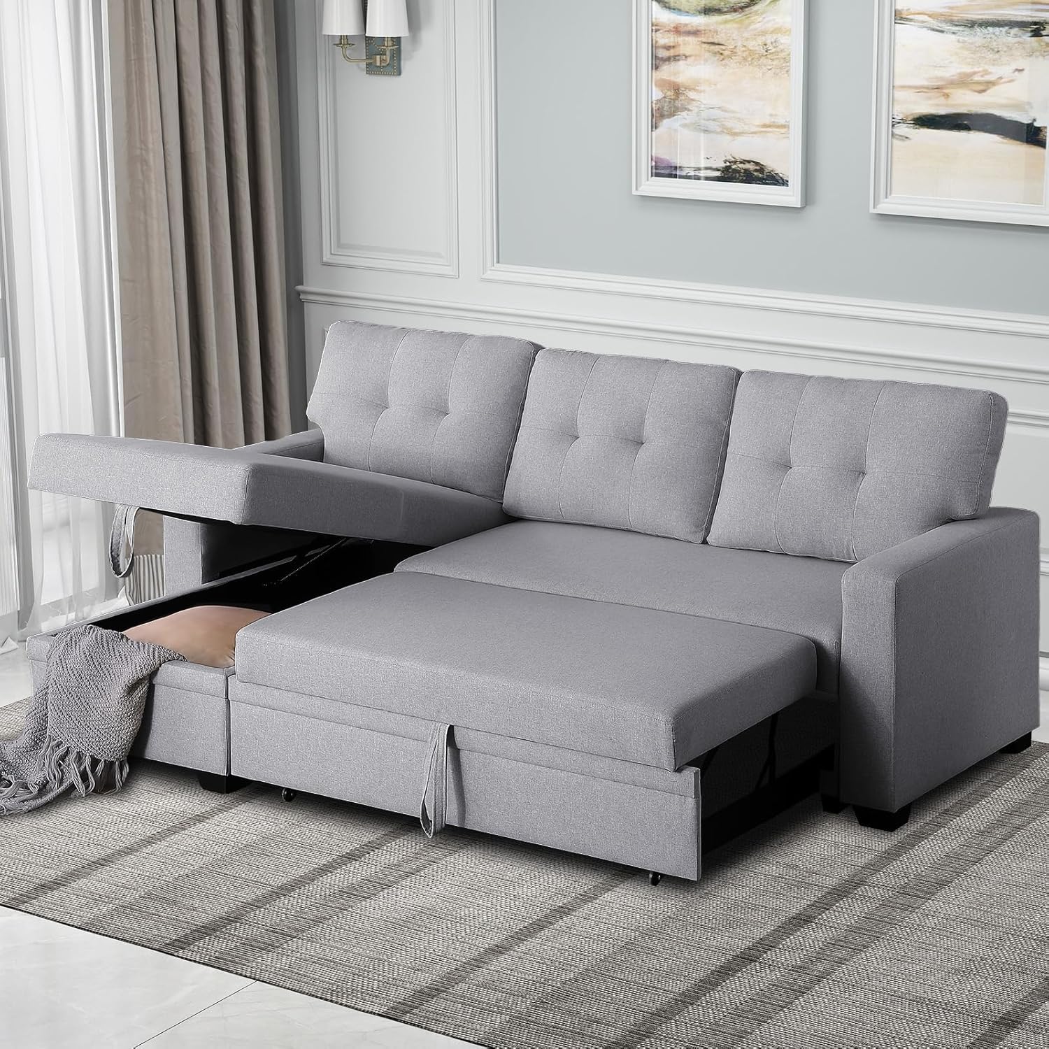 Light Gray L Shaped Couch with Pull Out Bed and Storage Sectional Sleeper Sofa Z5907