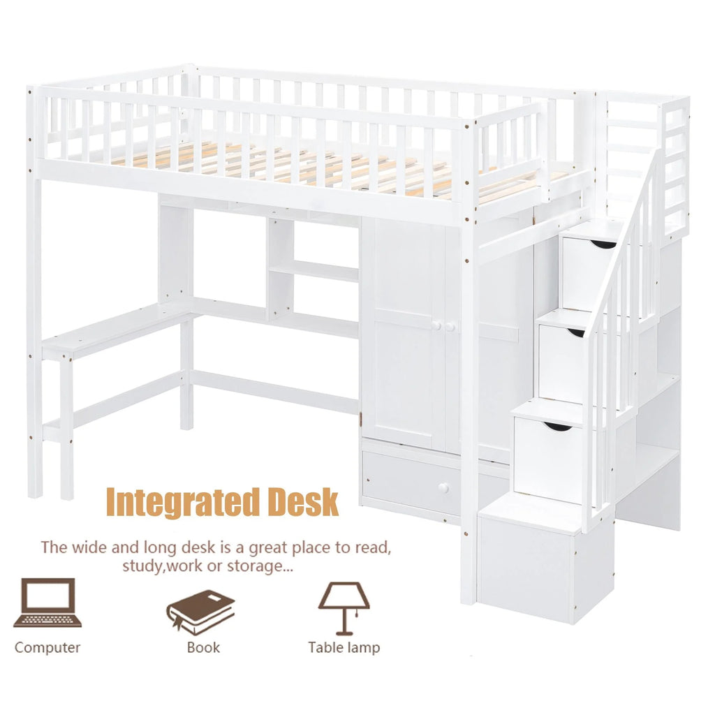 Twin Size Wood Loft Bed with Stairs and Wardrobe N56145