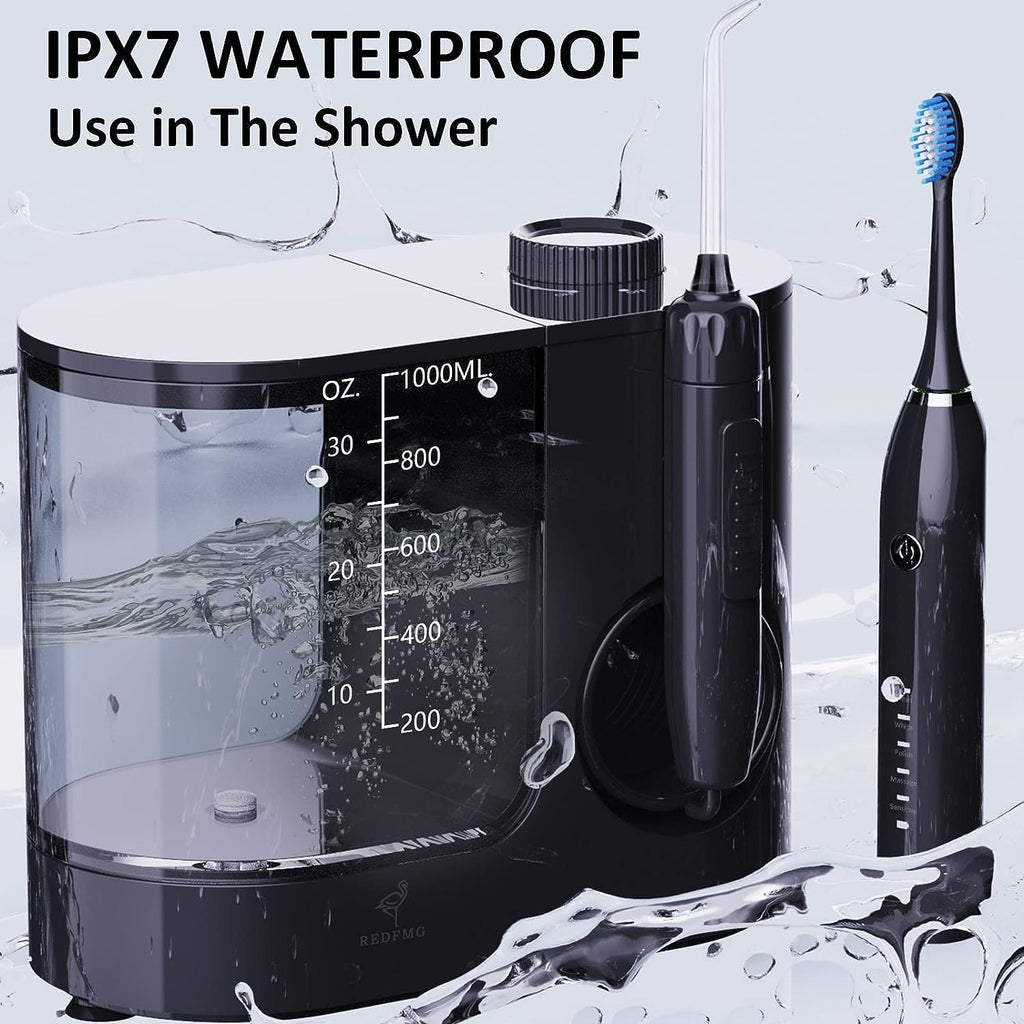 1000ML Detachable Water Tank Electric Water Flosser Toothbrush Combo with 7 Jet Tips & 4 Brush Heads Z5078