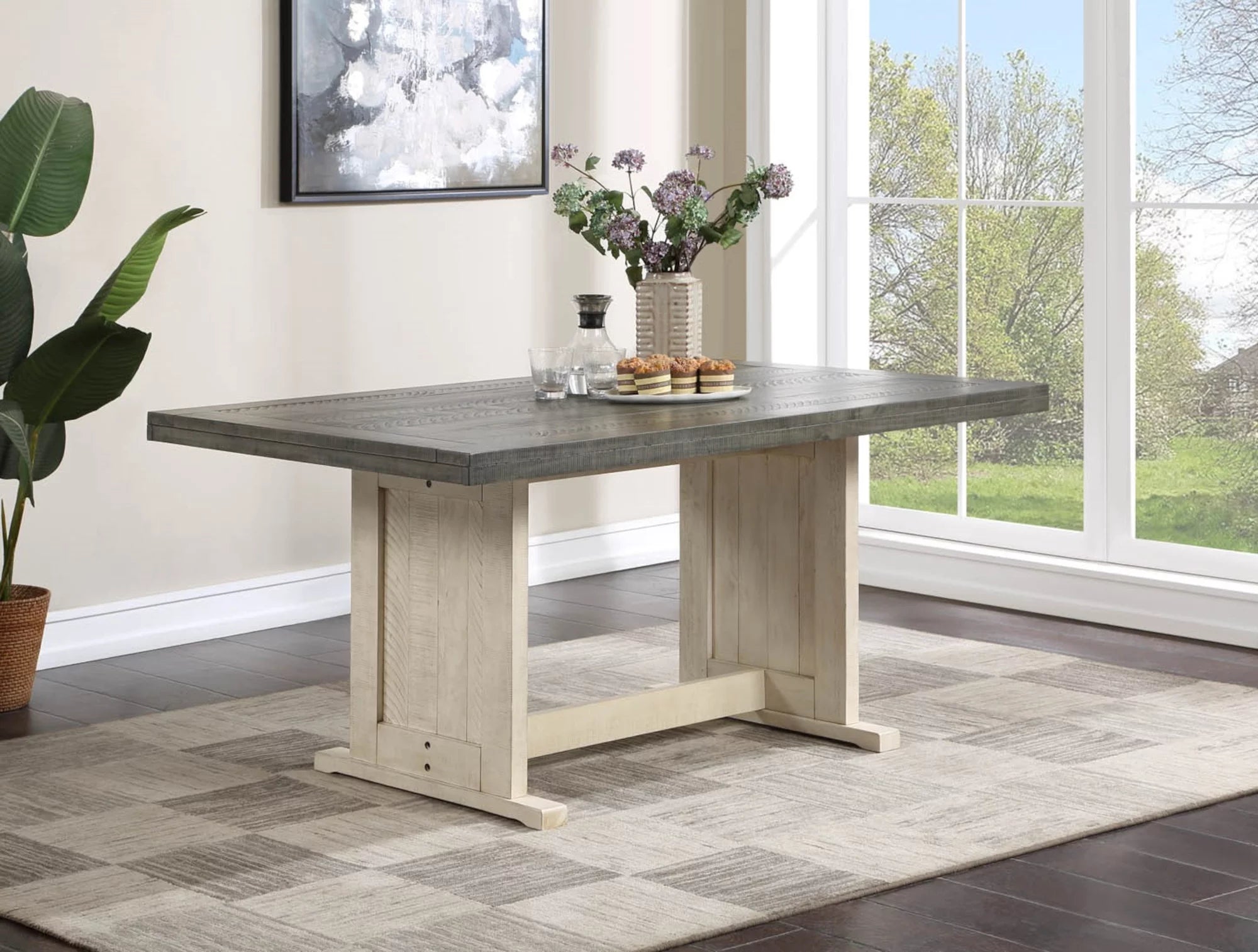 Off White Grey Wood Dining Table Set with Corner Storage Bench B6250