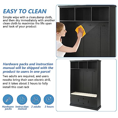 Black Hall Tree with Storage Bench and 4 Hooks Q1654
