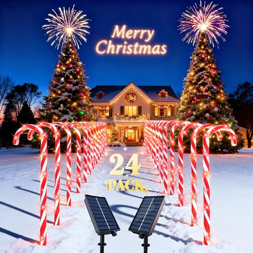 24 Pack Solar Christmas Candy Cane Lights with 168 Warm Lights I253416