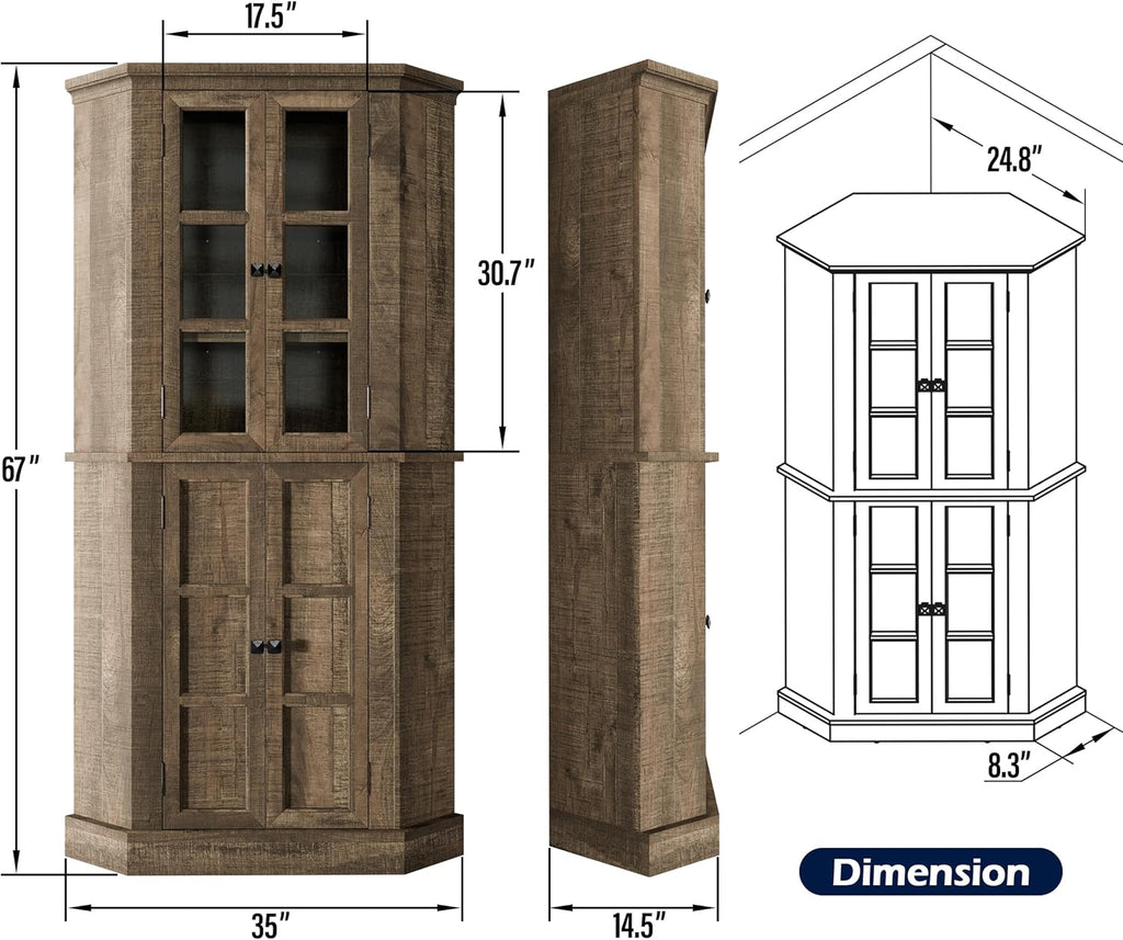 Rustic Brown Tall Corner Storage Cabinet with Glass Doors and Adjustable Shelves X59575