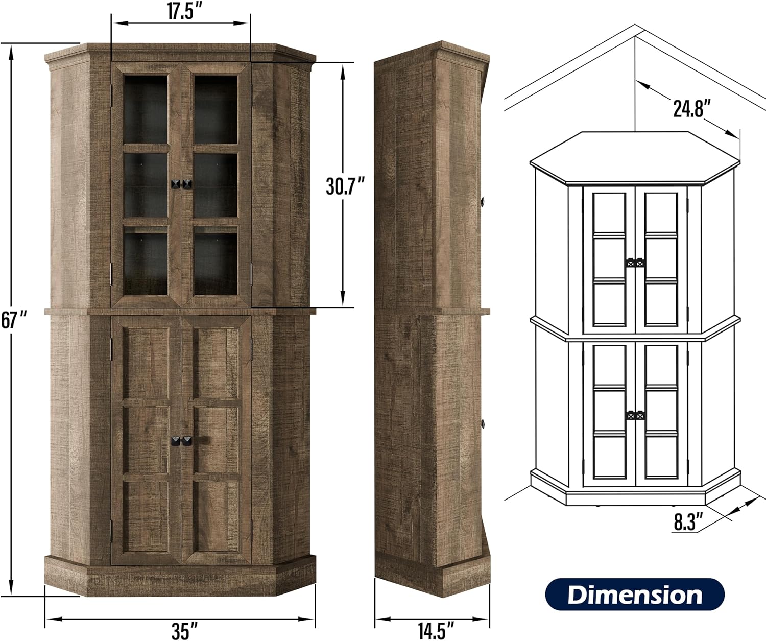 Rustic Brown Tall Corner Storage Cabinet with Glass Doors and Adjustable Shelves X59575