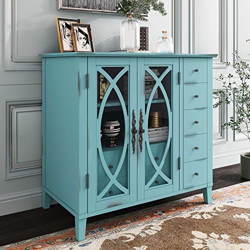 Antique Light Green Wooden Sideboard with 5 Small Drawers and 2 Large Drawers T778608