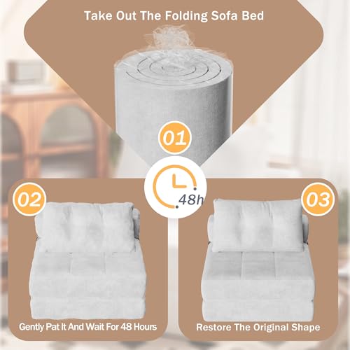 White Chenille Folding Sofa Bed with Headrest & Lumbar Pillow F278
