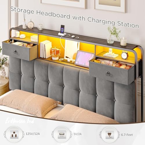 King Size Bed Frame with 4 Storage Drawers and LED Lights, Grey W31210