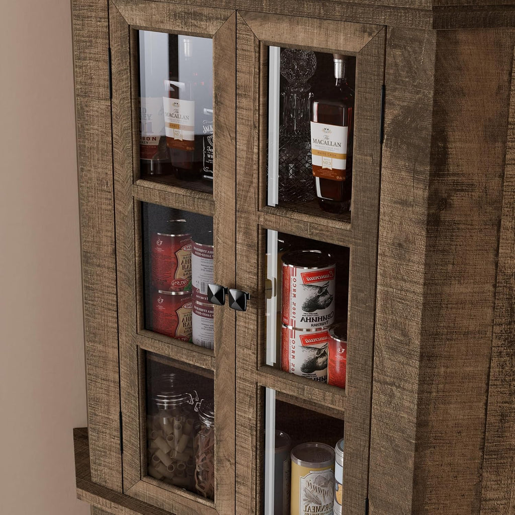 Rustic Brown Tall Corner Storage Cabinet with Glass Doors and Adjustable Shelves X59575