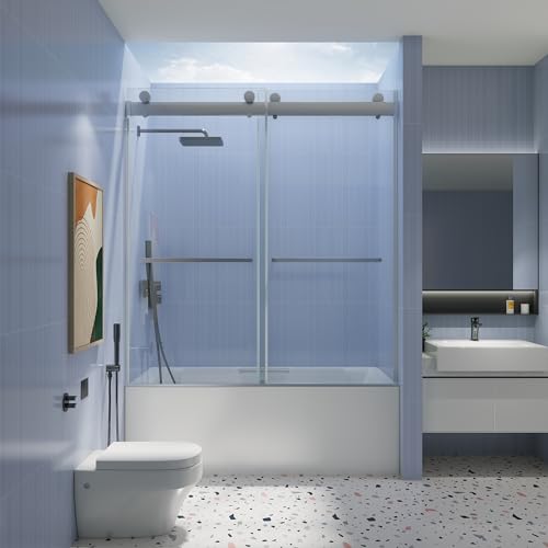 Brushed Nickel Frameless Sliding Tub Door with Clear Tempered Glass U7851