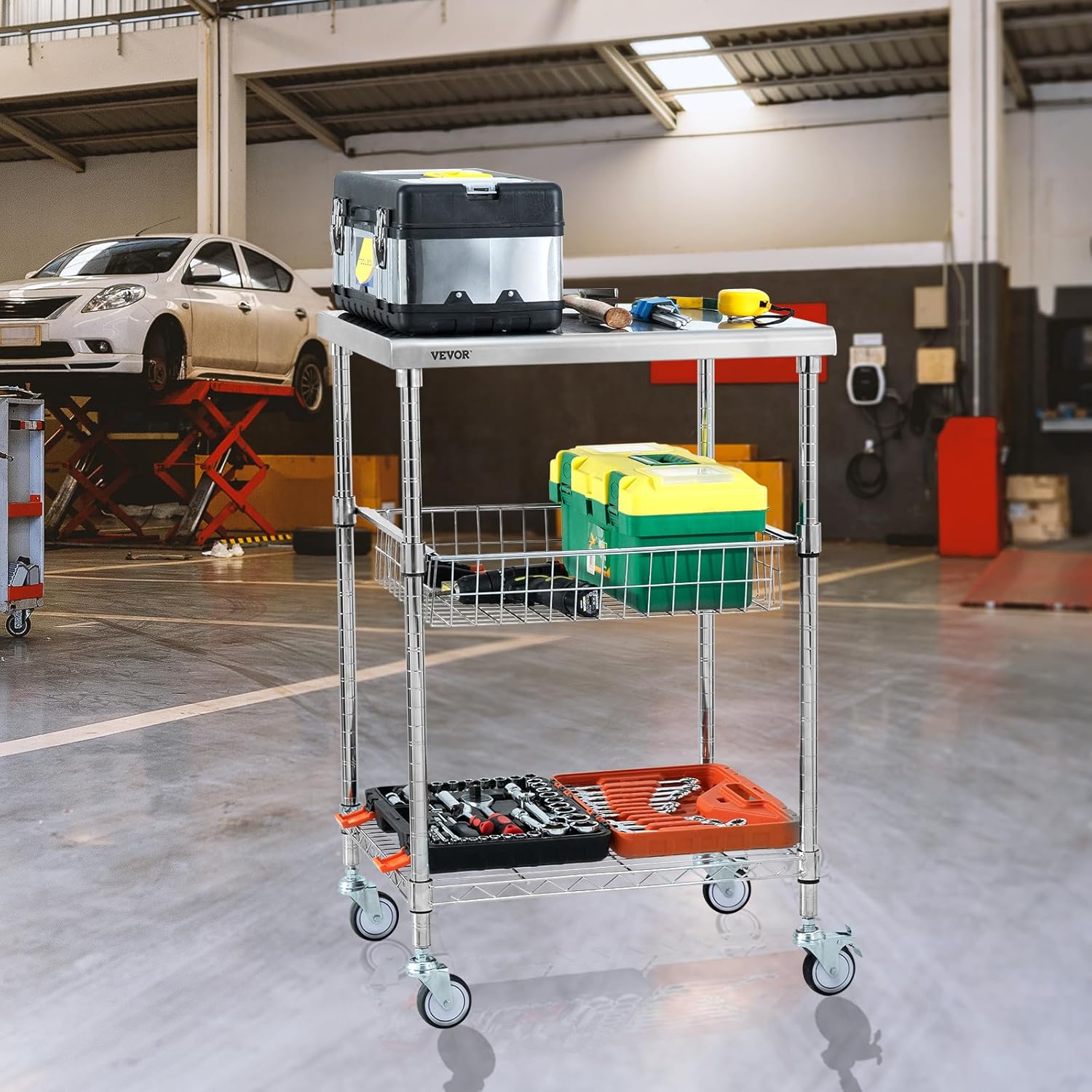 3 Tiers Wire Rolling Cart with Brake Wheels P4835