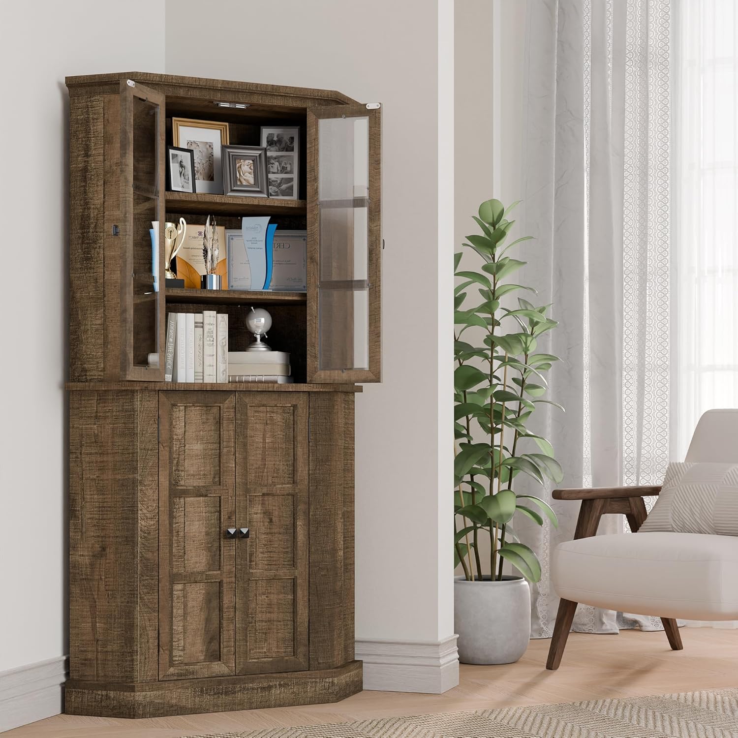 Rustic Brown Tall Corner Storage Cabinet with Glass Doors and Adjustable Shelves X59575