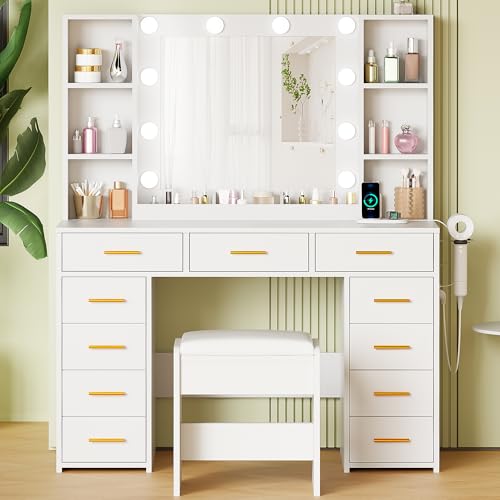 White Vanity Desk with Mirror and Lights 11 Drawers 9 Shelves Vanity Table with Stool U662